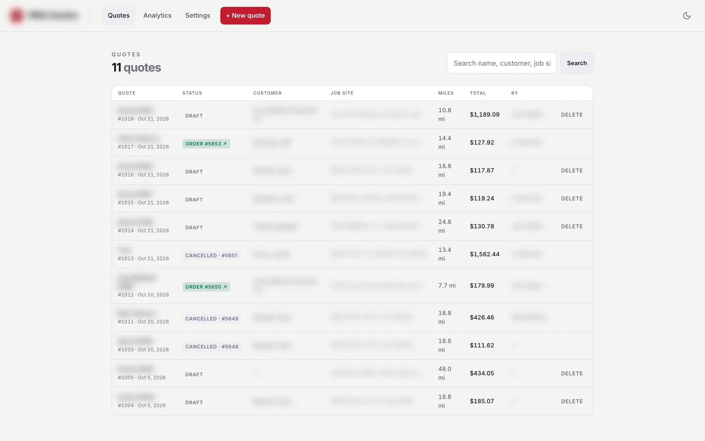 List of quotes with order status