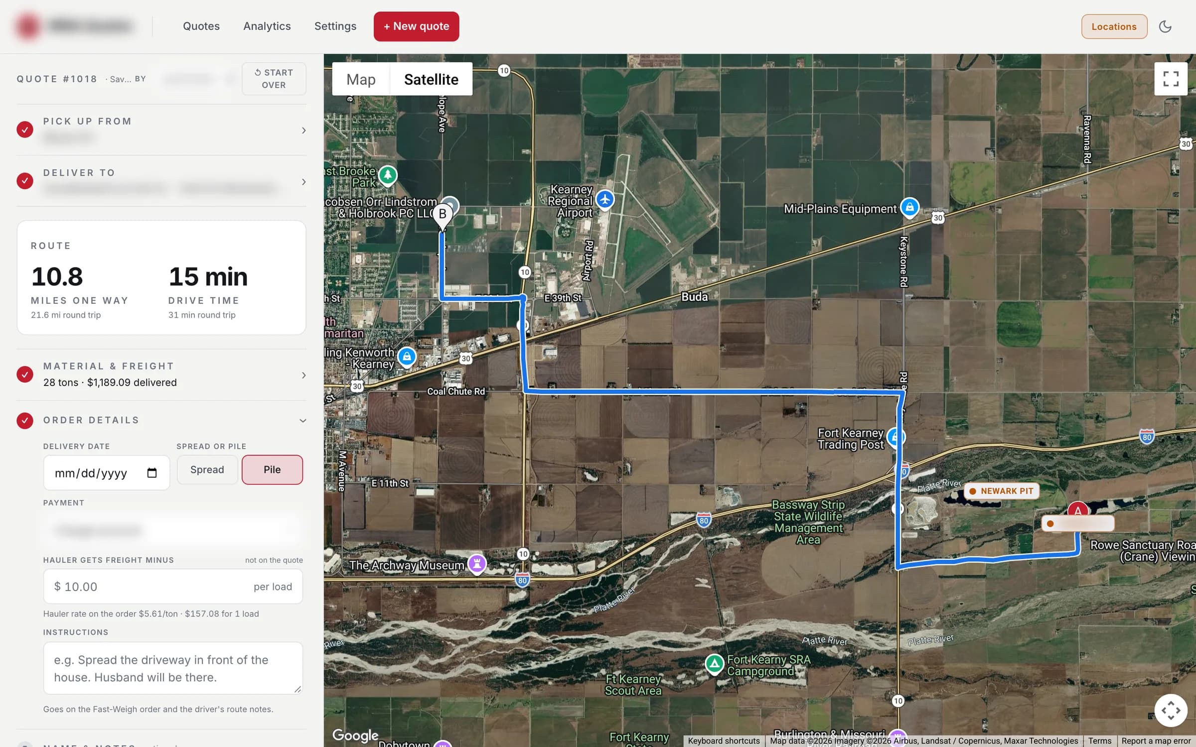 Quote screen with a delivery route drawn on a satellite map